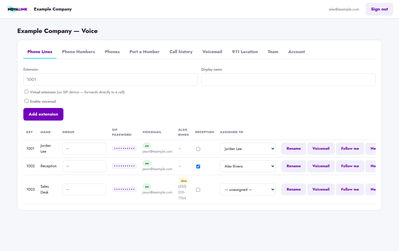 Voice Portal Phone Lines tab listing extensions with group, reception and assignment columns