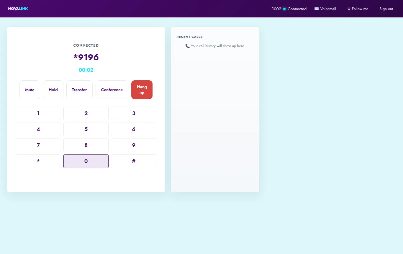 Agent app during a call, showing mute, hold, transfer, conference and keypad buttons