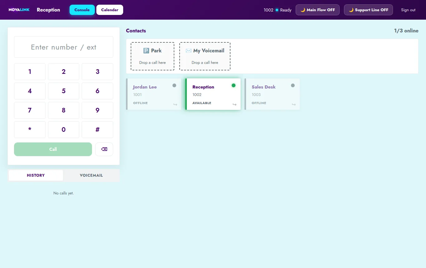 The Reception console: a dial pad, Park and Voicemail drop targets, and a tile for each extension with live status